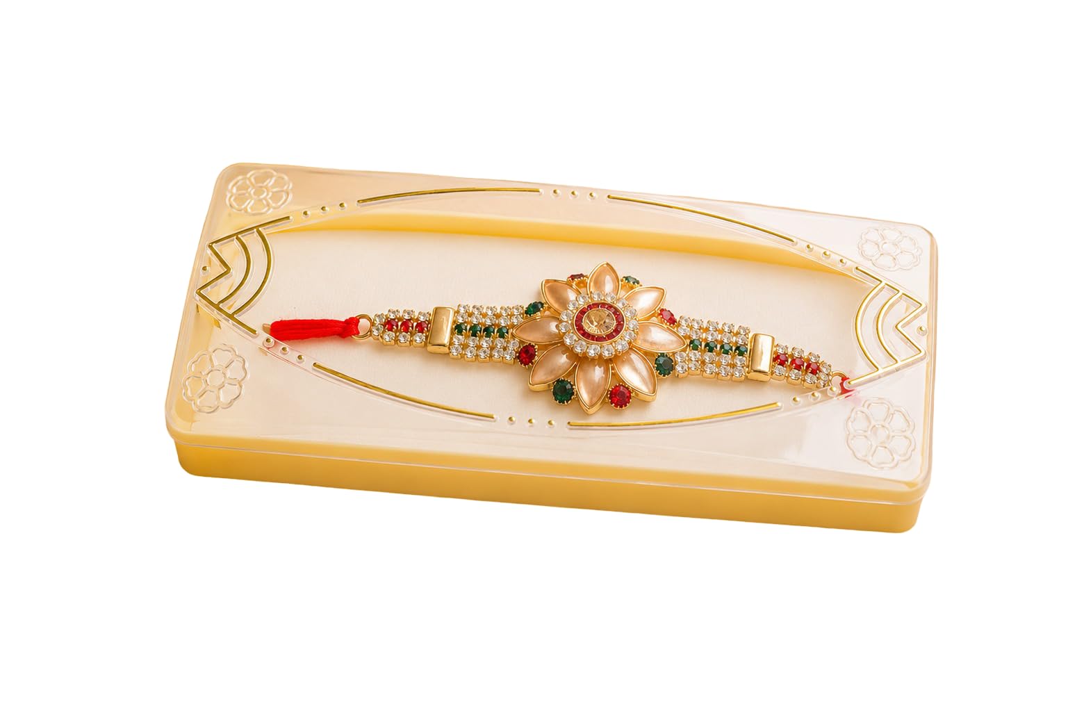 Luxury Floral Medallion Designer Rakhi for Brother | Multicolour Stone-Studded Gold-Tone Bracelet Rakhi-image-16