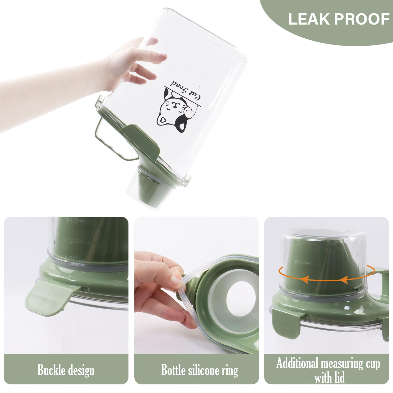 Boîte de rangement nourriture chat 2,8 l, récipient transparent pour croquettes chat chien avec gobelet doseur, bec verseur étroit et poignée portable, boîte à croquettes pour maison et voyage, Vert