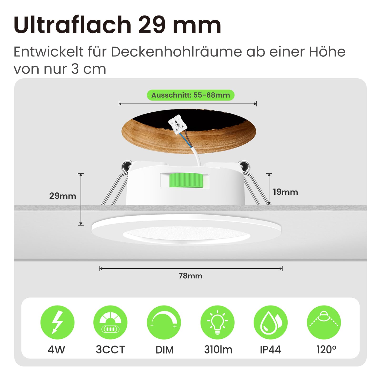 ALUSSO 12 Stück Einbaustrahler Led 68mm,4W LED Einbaustrahler Dimmbar AC 220-240V,Warmweiß 3000K Neutralweiß 4000K Kaltweiß 6500K IP44 Deckenspots für Badezimmer Küche Wohnzimmer,Weiß