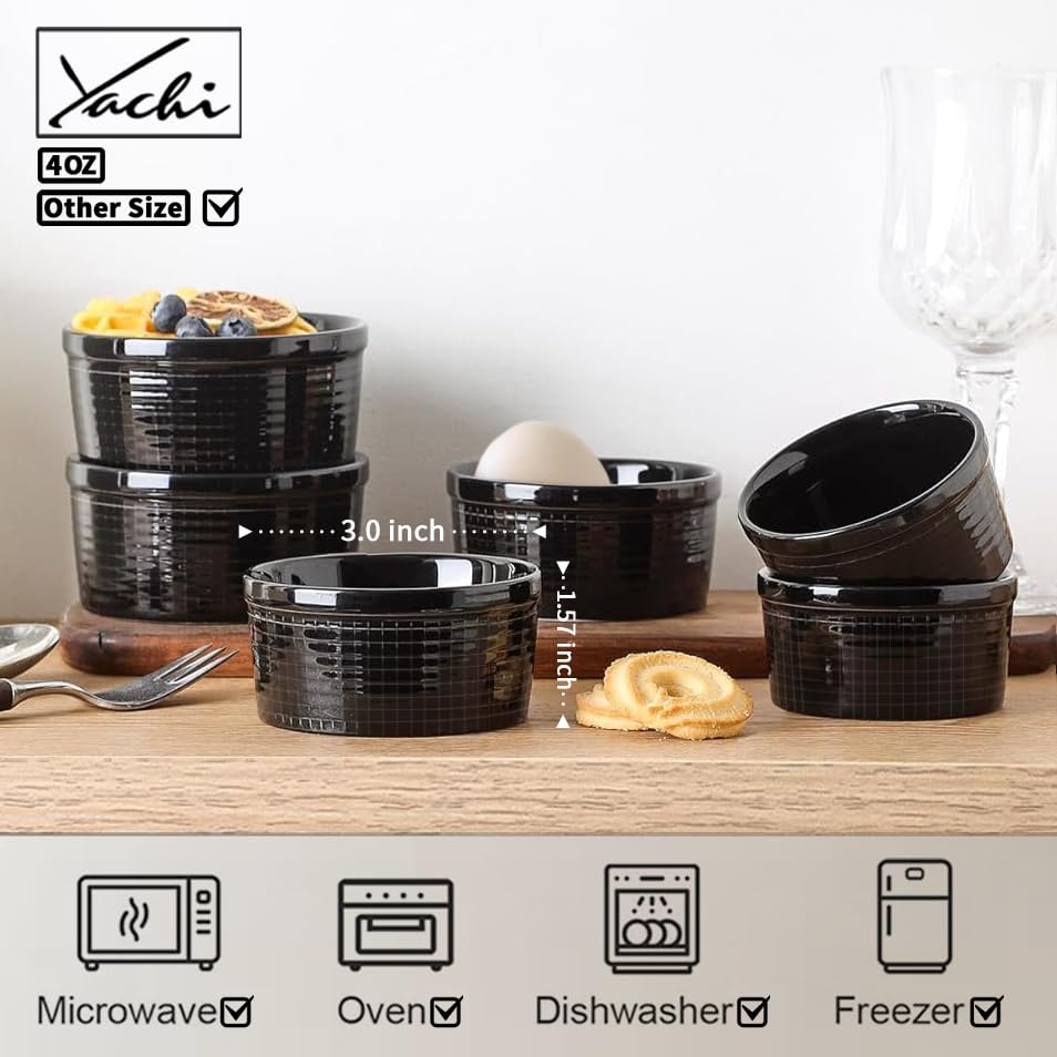 Yachi 4oz ramekins Oven Safe dessert bowls,Dipping sauce cups,Ceramic Creme Brulee,Baking Souffles Ceramic Ramekin Set of 6,Black