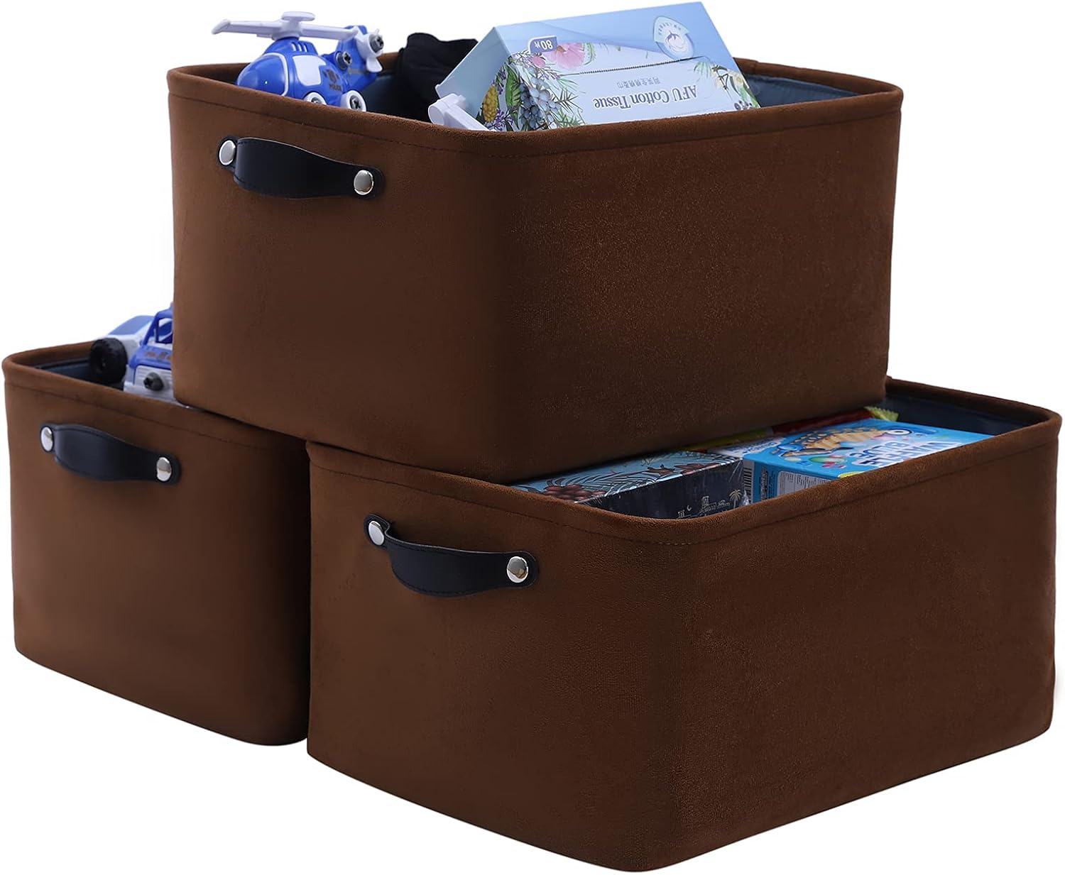 FENQDOOU Large Velvet Storage Bins, Open Storage Baskets with Leather Handles, Collapsible 3 Pack Storage Box Suitable for Home,Office,Nursery,Shelf,Closet 15.7x11.8x8.2inches(Brown)
