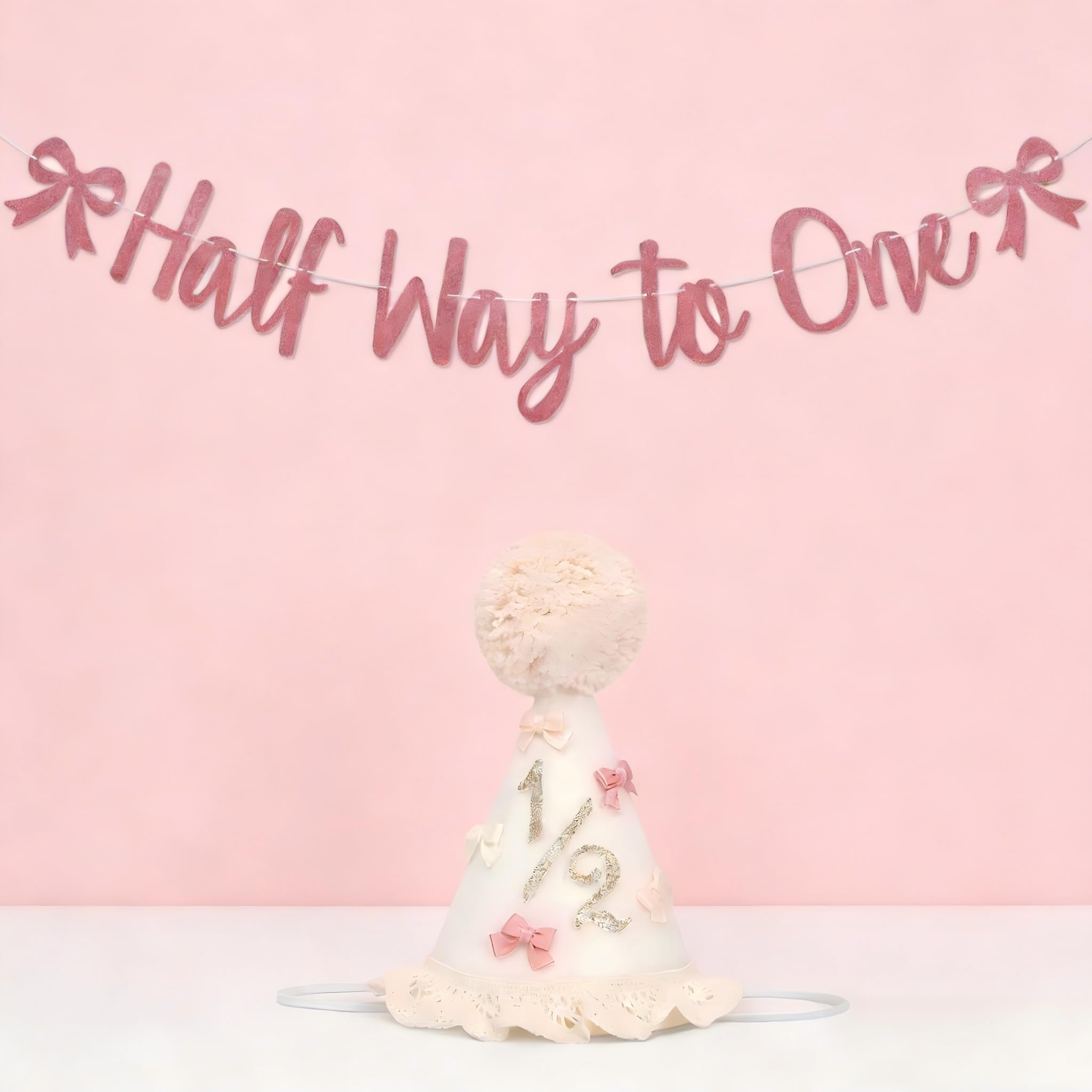 Half Way to One Birthday Set - 1/2 Birthday Hat & Banner Decorations for Baby, Soft Felt Half Birthday Party Supplies for 6 Month Old, Photo Prop for Baby Celebration (Pink & White)