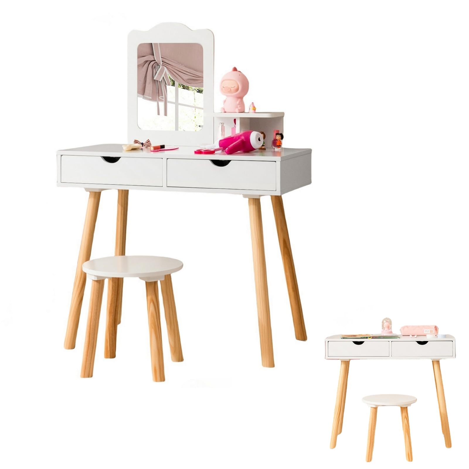 LIFEZEAL Specchiera Trucco per Bambina 3+Anni, con Sgabello, Specchio Rimovibile, Sedia, Tavolo Trucco Toeletta, Postazione Makeup, con 2 Cassetti, Mensola, Pettine, per Cameretta (bianco)