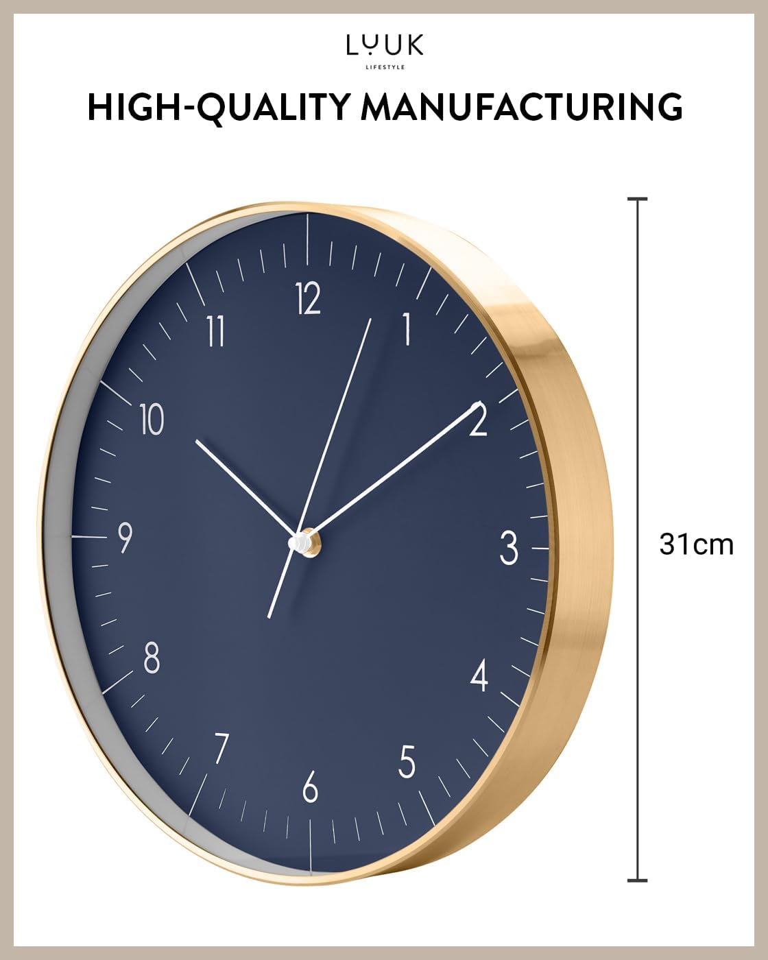 LUUK LIFESTYLE Modern Wall Clock with Silent Quartz Movement, Stylish & Functional, Decoration for Living Room, 12 inch, in Dark Blue & Gold