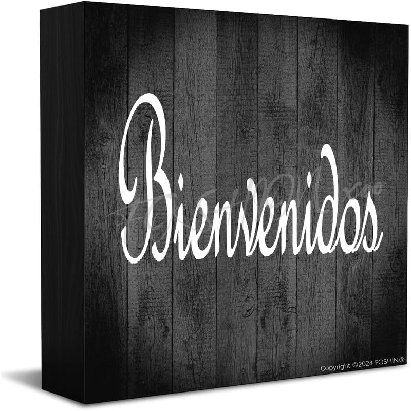 FOSHINWood Box Sign Bienvenidos Spanish Welcome Front Door Wood Box Sign Rustic Wooden Box Sign Farmhouse Home Office Desk Shelf Decor (5 X 5 Inch)