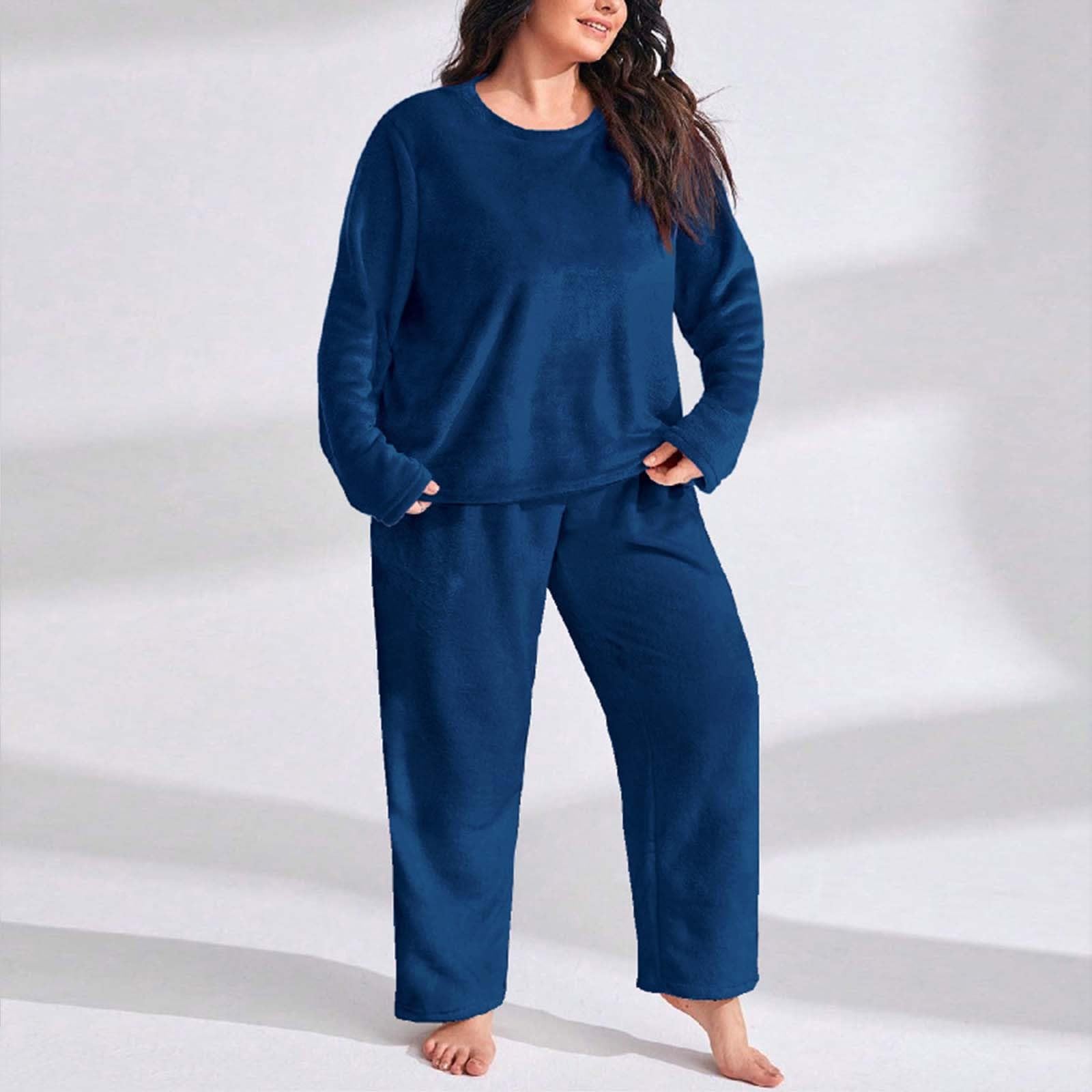 Traje de casa para mujer, de forro polar, pijama de invierno, cálido, traje de ocio para mujer, juego de dos piezas, cuello redondo, ropa para el hogar, suelto, peluche, ropa de cama de gran