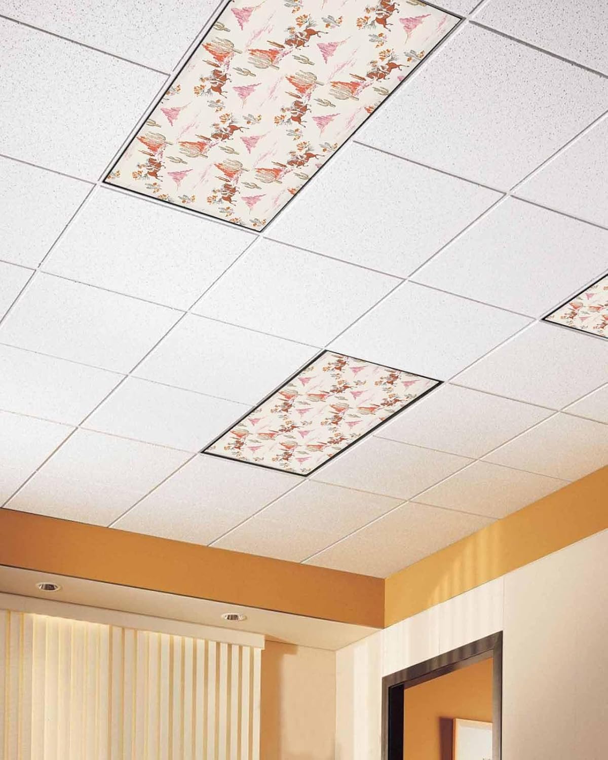 Fluorescent Light Covers for Drop Ceiling Retro Western Cowboy Desert Magnetic Light Filters, Classic Horse Cactus Ceiling Shade Filters for Home Classroom Office,2x4 ft,4Packs