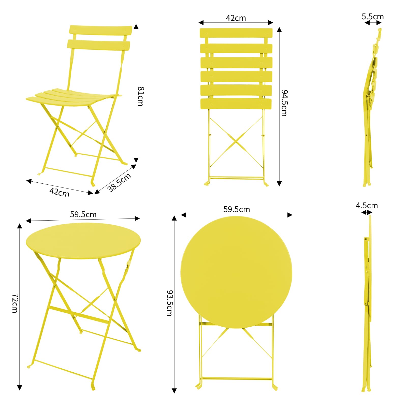 LIFERUN Juego de Muebles de Balcón de 3 Piezas, Bistro Set de Metal con 1 Mesa y 2 Sillas, Resistentes a la Intemperie, Plegables, para Pequeños Balcones, Terrazas y Jardines, Amarillo