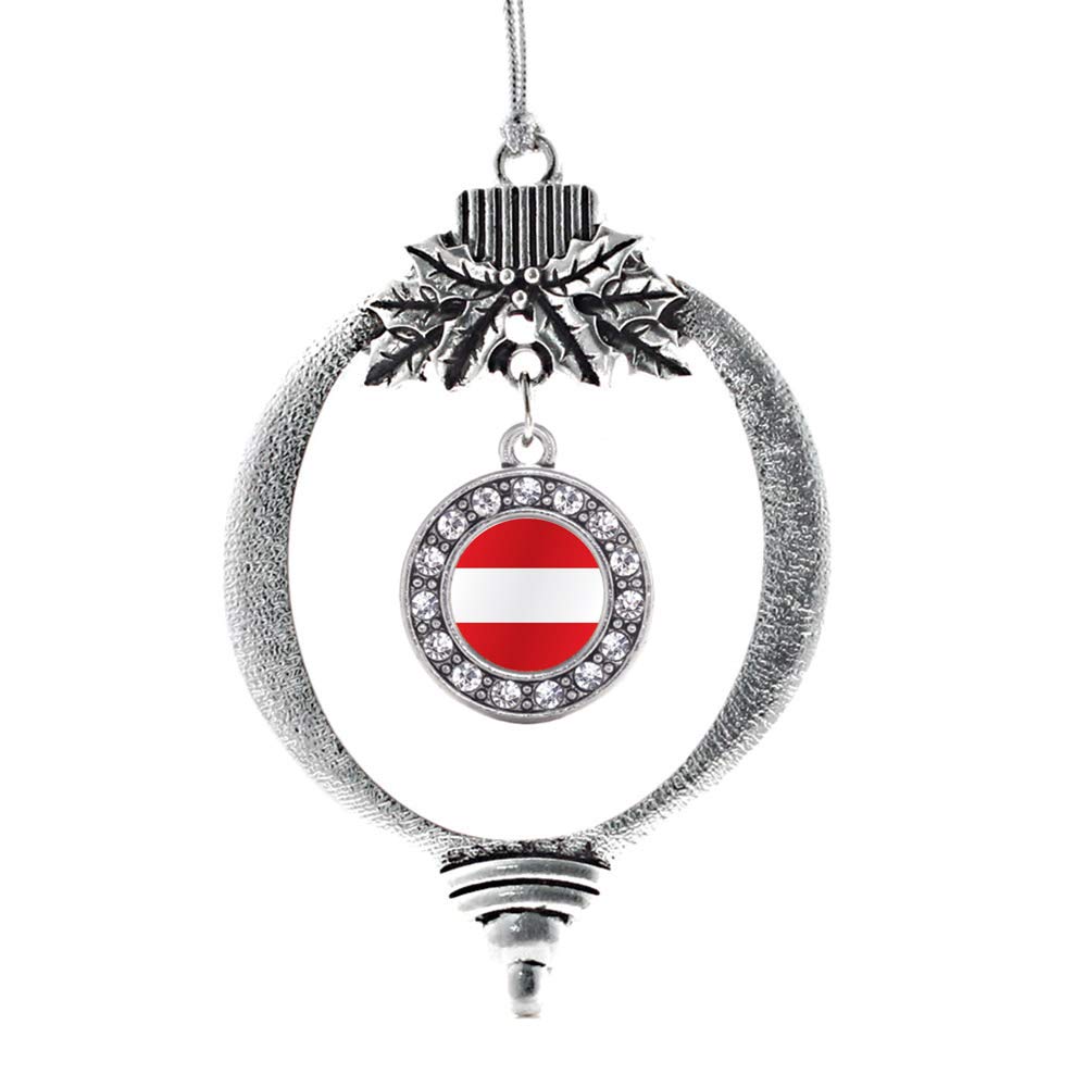 Inspired Silver - Austria Flag - Silver Christmas Ornament - Circle Charm Christmas Tree Ornament with Cubic Zirconia - Holiday Hanging Decoration