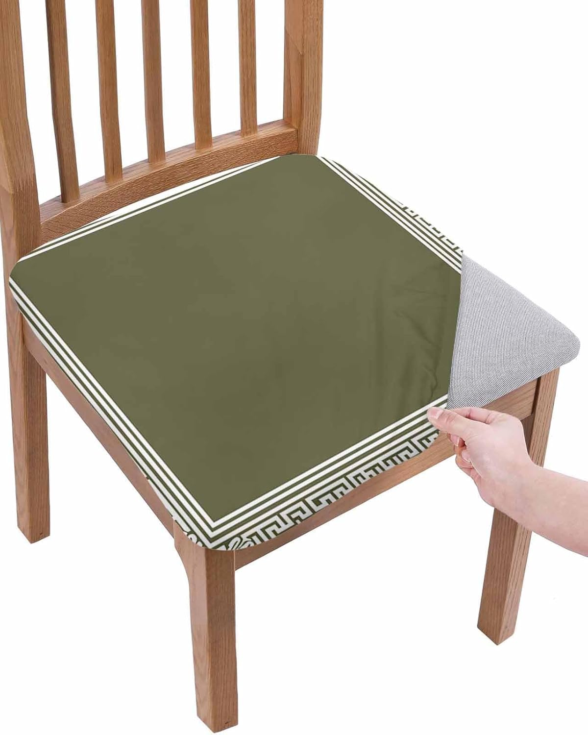 Olive Green Greek Key Chair Seat Covers for Dining Room Set of 4, Geometric Greece Ancient Meander Fret Dinner Chair Seat Protector Cushion Stretch Slipcovers for Kitchen Restaurant Office