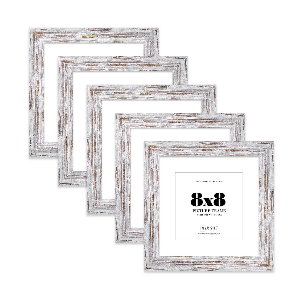 8x8" Distressed Wood Square Frame With Mount for 6x6" Pictures 28mm Edge Frame Display with Wall Hooks and Kickstand, 5 Pack