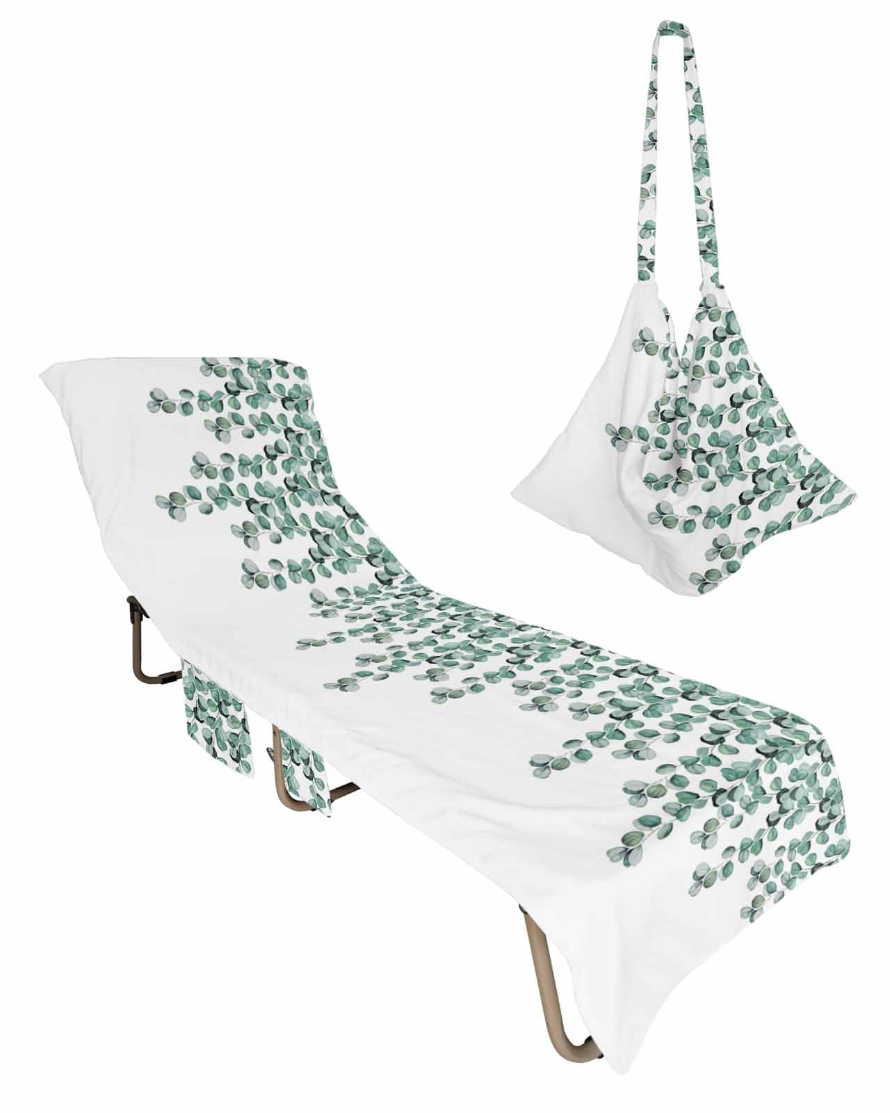 Eucalyptus Leaf Beach Lounge Chair Towel Cover, Soft Chaise Lounge Towel with Side Pockets Patio Pool Chairs Cover for Beach/Pool Sunbathing 29x85 Teal Botanical Watercolor Plants