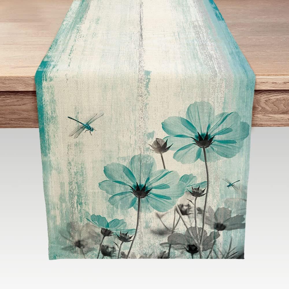 Photo 1 of Teal Flower Table Runner, Vintage Farmhouse Country Floral Rustic Wood Table Runners for Dining Room, Kitchen, Living Room, Holiday and Party Table Decor 13 x 90inch