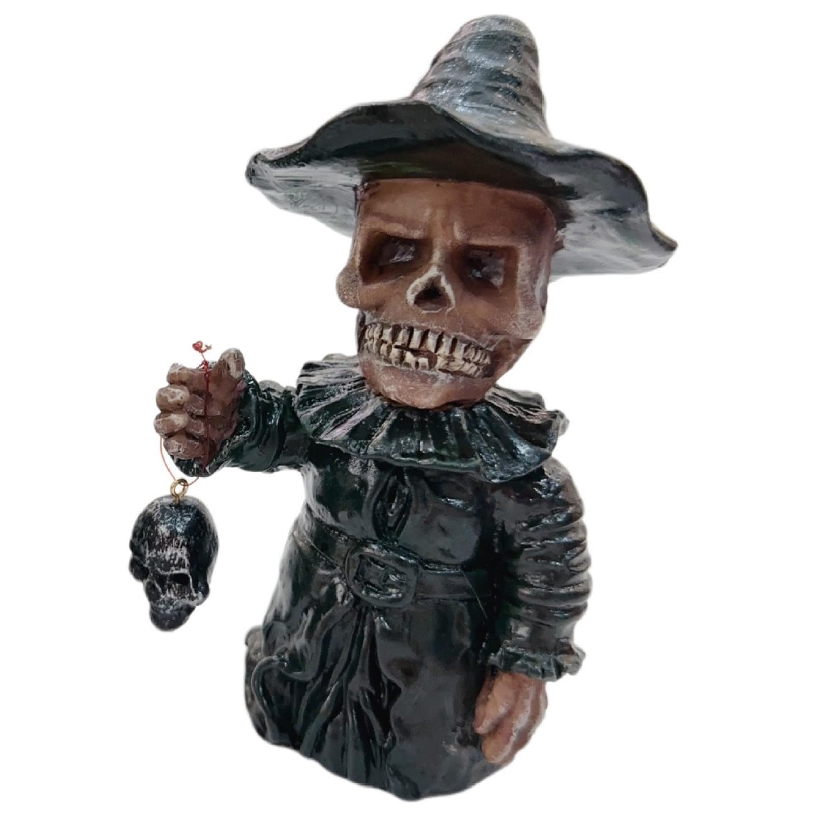 ZhzeYun Gothic Skeleton Figurine, Wizard Skull Statue with Hanging Skull Pendant, Day of The Dead Halloween Decoration, Spooky Resin Ornament for Shelf Desktop Office Home Decor Coffee