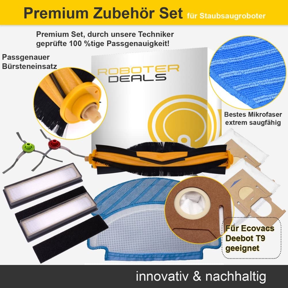 Zubehör Set (Ersatzteile) für Ecovacs Deebot T9 Plus (2X Staubbeutel, 2X Pad, 2X Filter, 2X Seitenbürsten, 1x Hauptbürste) Staubsaugroboter mit Absaugstation