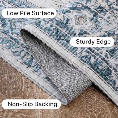 GENIMO 8x10 Area Rugs for Living Room, Machine Washable Non Slip Vintage Rugs, Low Pile Lightweigt Chenille Print Indoor Rug for Bedroom, Dining Room, Home Office, Blue