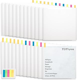 24PCS Scrapbook Paper Storage Organizer, 12x12 Inch Clear Scrapbook Paper Organizer with 100PCS Sticky Index Tabs, Holds Scrapbook Paper, Cardstock, Vinyl Paper