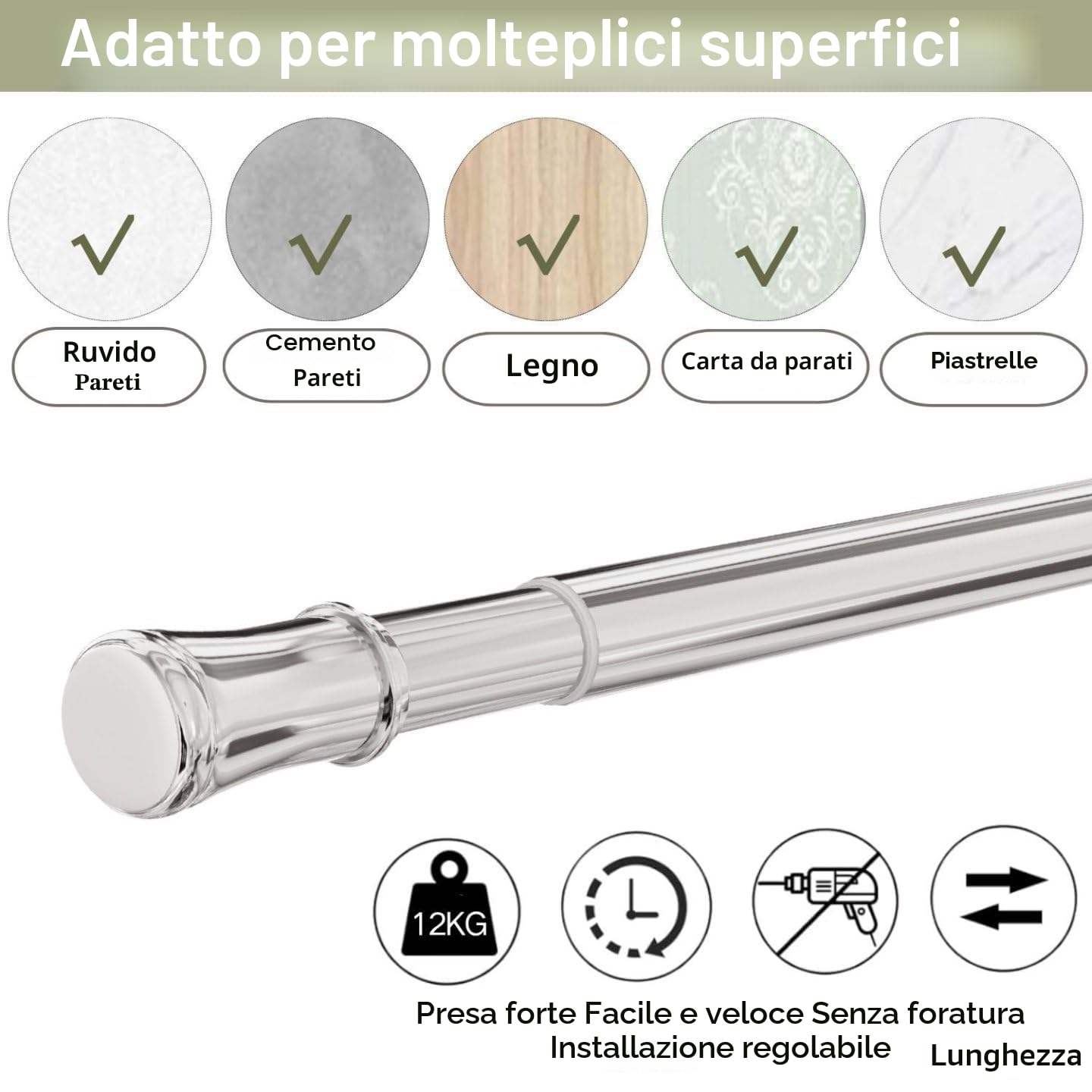 1 asta per tende estensibile senza fori per tende, cucina, armadio, non sono necessari attrezzi 69-90 cm, color argento