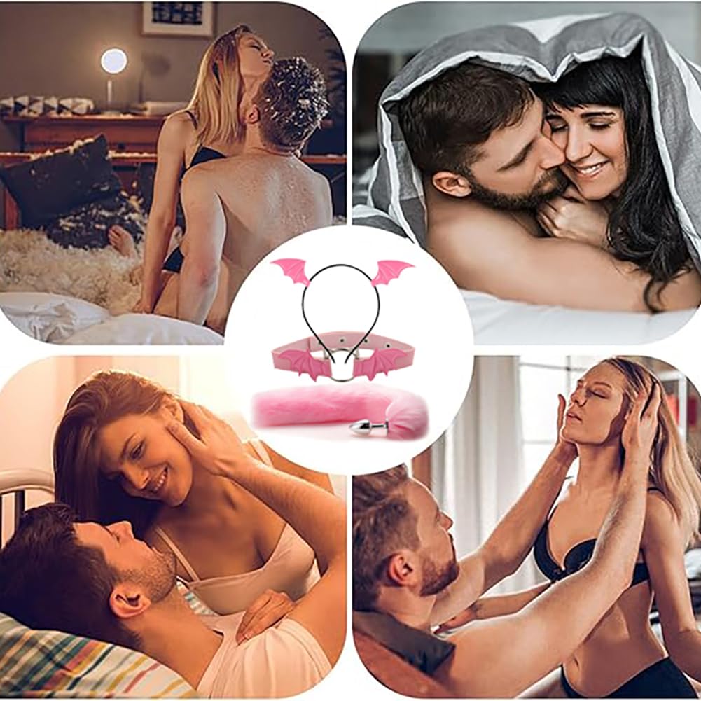 TJCGCKK Animal Cosplay Costume Furry Fox Tail Plug Cute Ears Headband Bat Style Neck Collar Set: (Pink C)