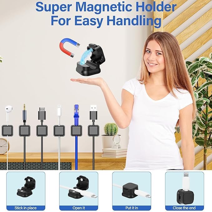T for TALLIN 6 Pack Magnetic Cable Organizer Clips, Self-Adhesive Wire Management Solution for Home, Office, Car, Desk, Power Cords and Data Cables,(6-Pack) Black 4