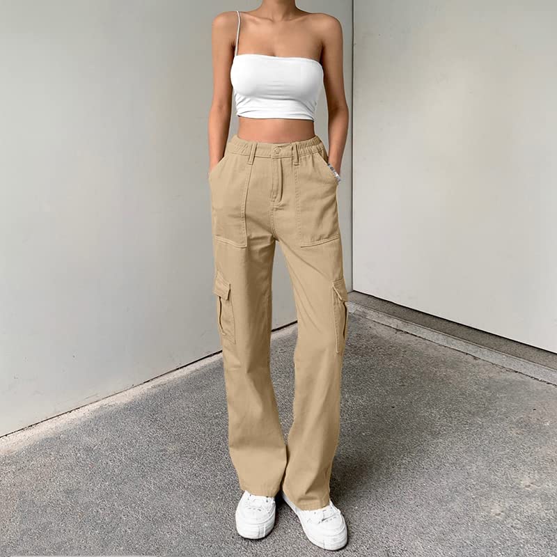 Image of Lepunuo Cargo Pants for Women High Waisted Casual Pants Baggy Stretchy Wide Leg Y2K Streetwear with 6 Pockets