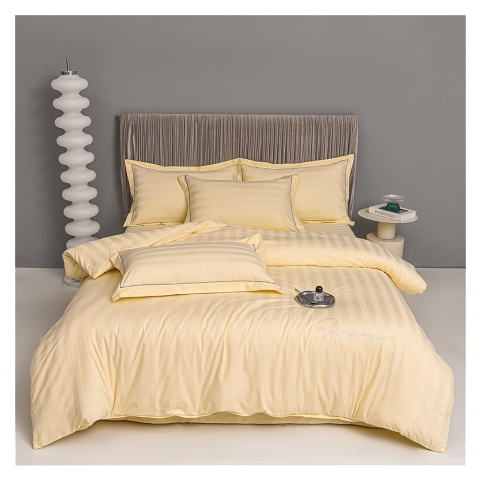 FYIYIEW double duvet set, Sliver Grey Stripes 100% Egyptian Cotton Jacquard Bedlinens Queen King Size Set