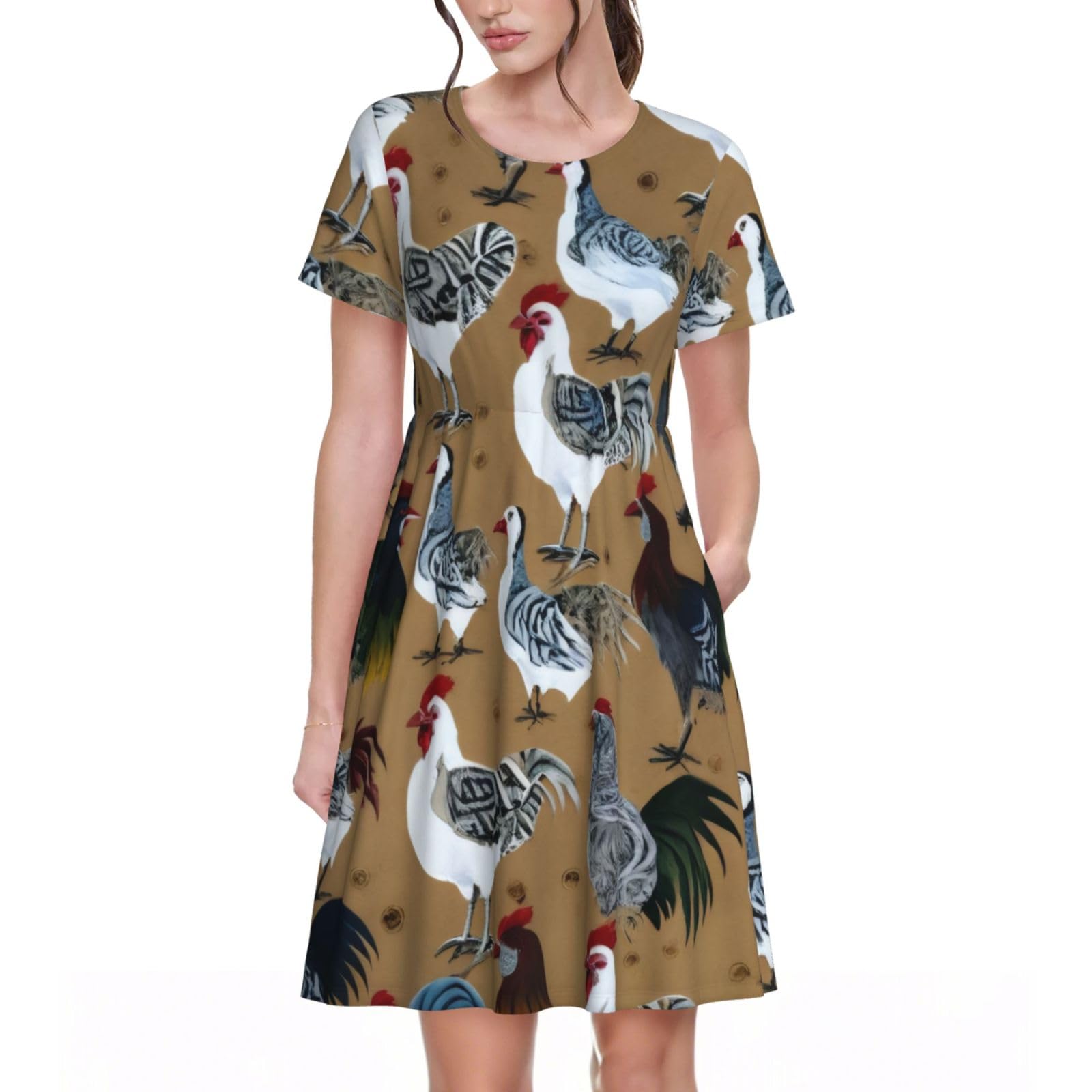Elsmzxzd Women's 3 D Summer Dress Rooster And Chicken - Casual Short Sleeve Crew Neck Pleated Dresses Swing T Shirt Sundress With Pocket