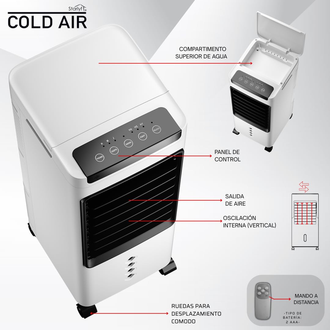 Enfriador de aire portátil 3 en 1 con depósito de agua 5L, ventilador evaporativo con 3 velocidades, temporizador y mando a distancia, climatizador portátil compacto con ruedas para hogar y oficina