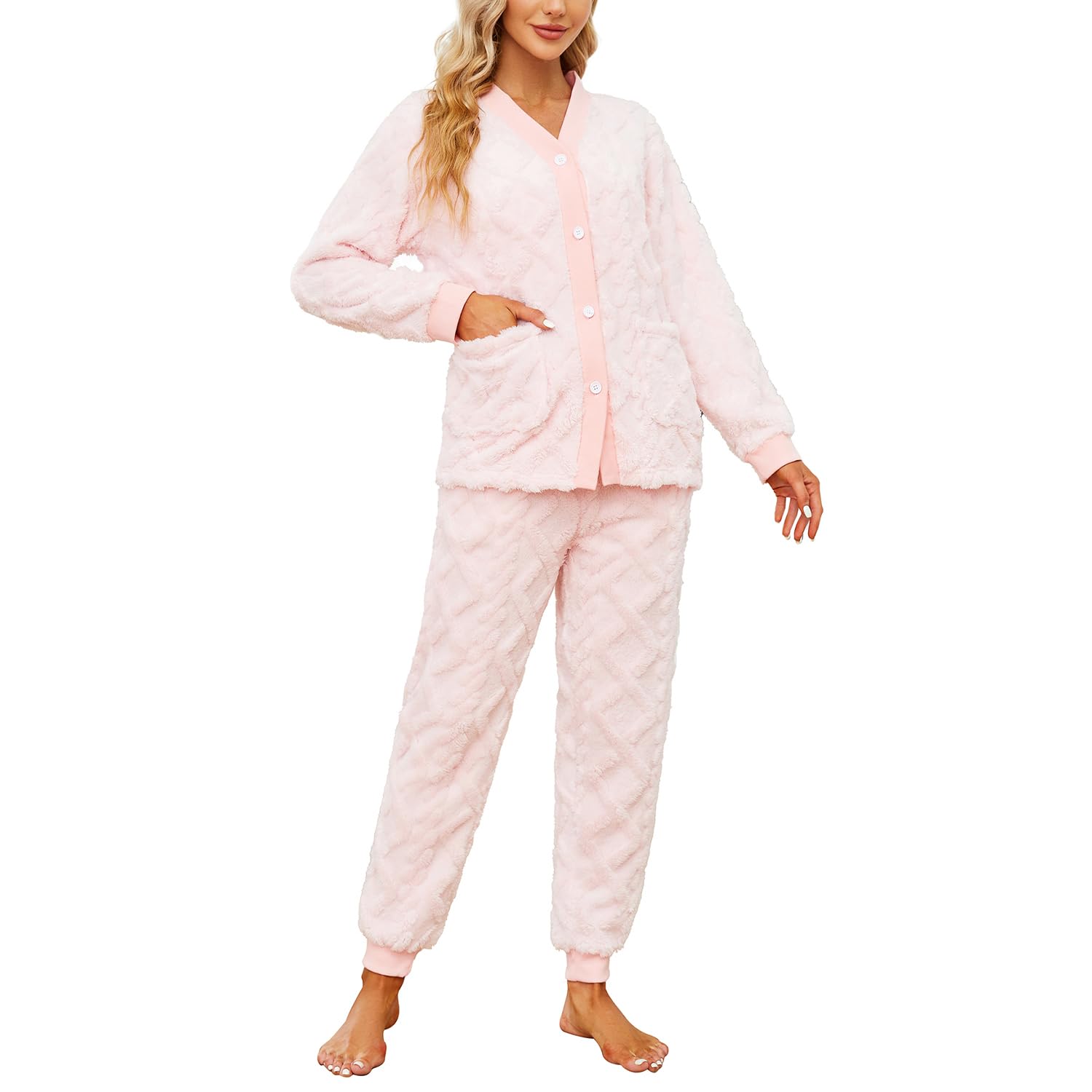 HEARTNICE Women Fuzzy Pajama Set Warm Fluffy Long Sleeve Sleepwear Plush Loungewear Thermal Nightwear with Pockets