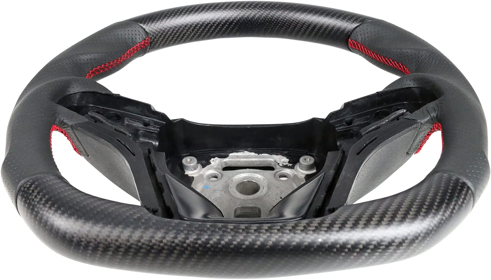 IKON MOTORSPORTS, Steering Wheel Compatible With 2012-2015 Chevy Camaro, Matte Carbon Fiber & Perforated Leather Steering Wheel Brushed Kit With Red Stitching