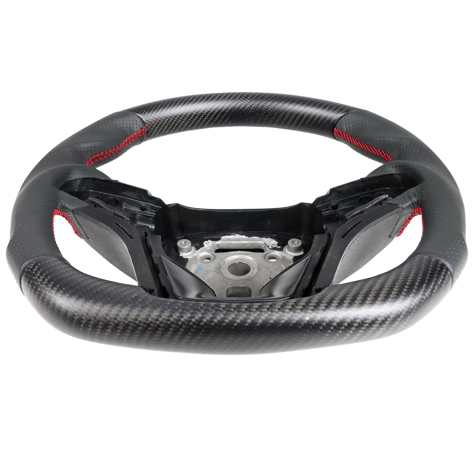 IKON MOTORSPORTS, Steering Wheel Compatible With 2012-2015 Chevy Camaro, Matte Carbon Fiber & Perforated Leather Steering Wheel Brushed Kit With Red Stitching