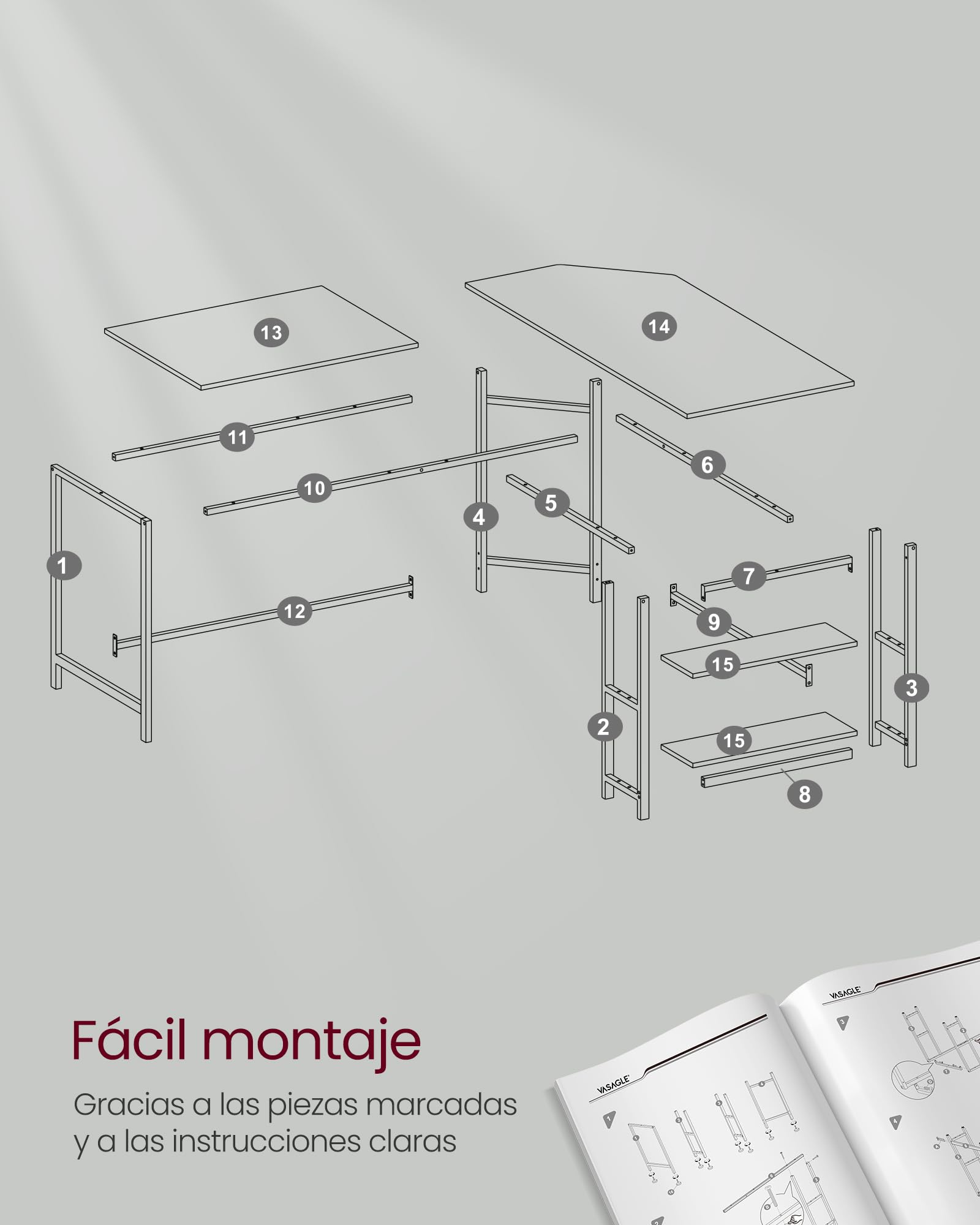 VASAGLE Escritorio, Mesa de Ordenador en Forma de L, 138 x 138 x 76 cm, Esquina con 2 Estantes, Ahorra Espacio, para Oficina Casa, Juegos, Blanco Arce LWD072W44