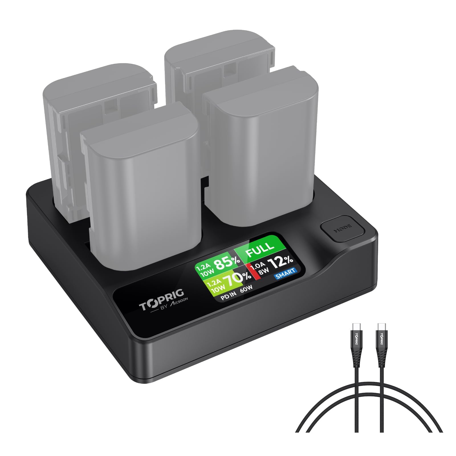 Accsoon Toprig LP-E6 LP-E6N LP-E6NH - Cargador de batería para cámara de 4 canales, PD60W, cargador rápido con pantalla LCD, compatible con Canon EOS 5D Mark II III IV, 70D, 5Ds, 6D, 5DSR, 80D, 7D, 7D