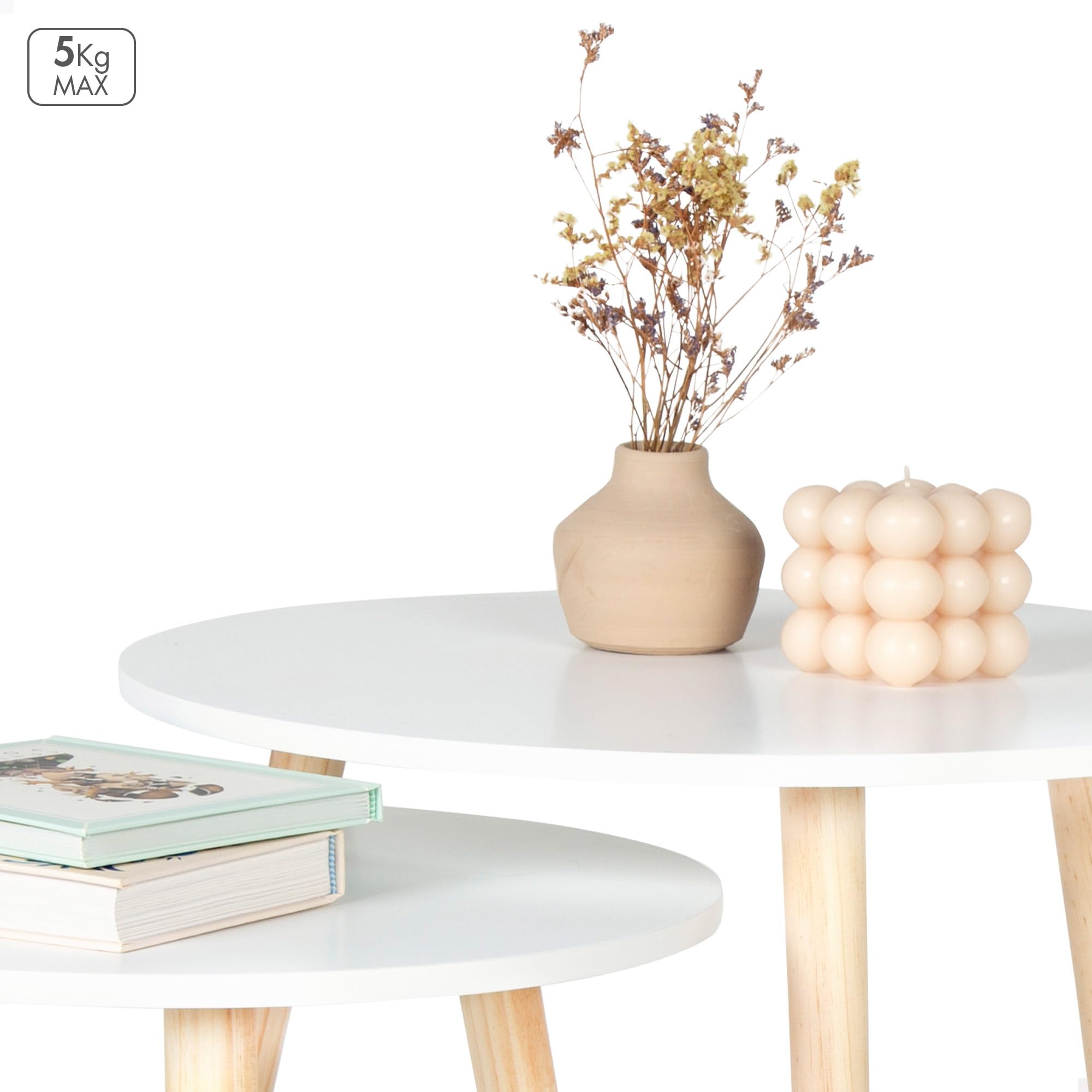 AKTIVE Max Home Set di 2 tavolini, D50xH50 cm e D40xH44 cm, Portata massima 5kg, Nido, Bianco, Gambe in legno naturale, Per soggiorno, Sala da pranzo, Ufficio (18510)