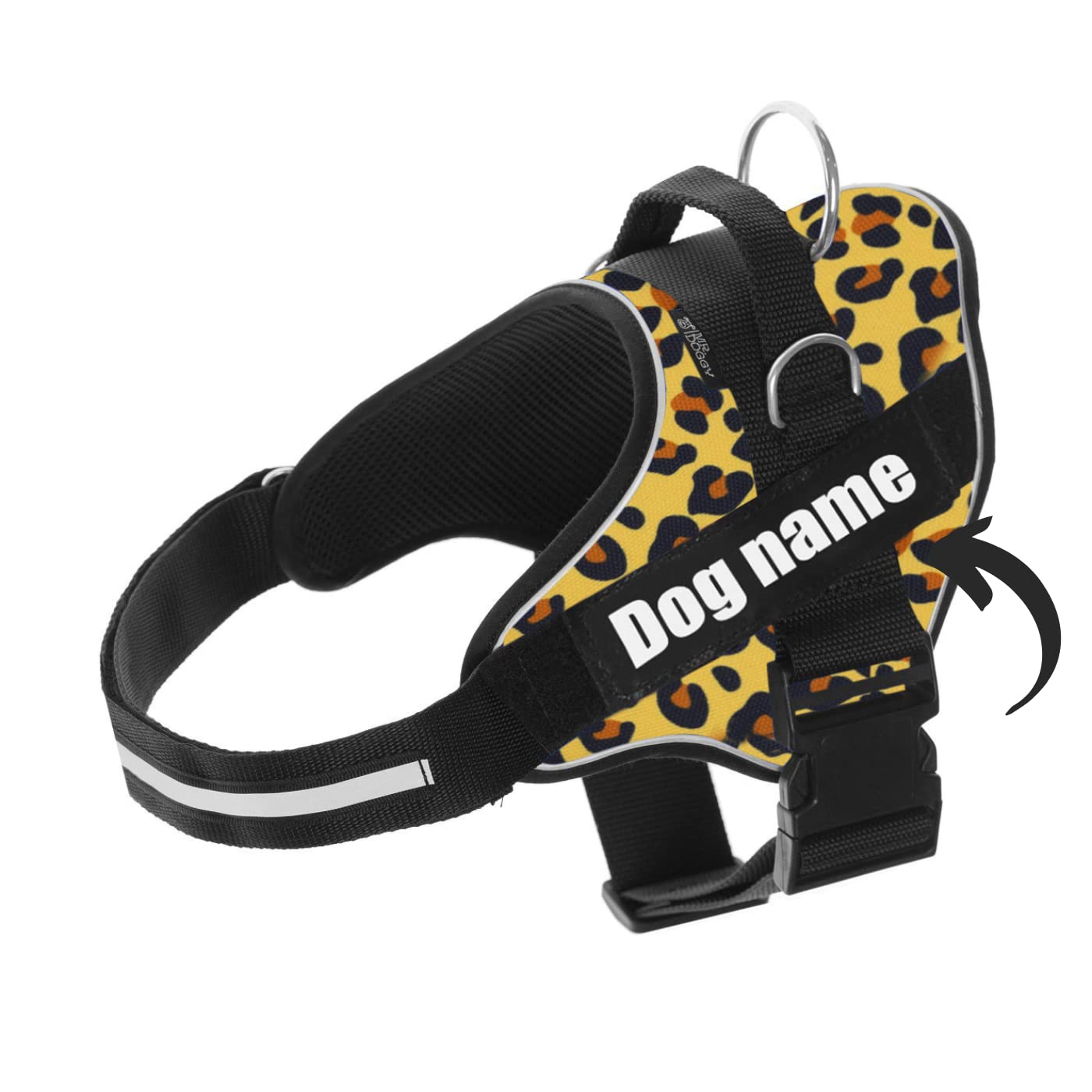 SUPER DOGGY Arnes Personalizado para Perros - Tamaño Pequeño, Mediano y Grande - Incluye 2 Etiquetas con Nombre - Pechera para Perros Reflectante y Seguro (S 6-14KG, Leopard)
