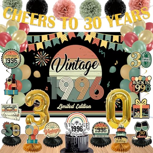 47Pcs 30th Birthday Decorations for Him Her PRE-STRUNG Vintage 1996 Banner Party Supplies Back in 1996 Backdrop Cake Topper Balloons 6 Table Centerpieces Hanging Swirls Paper Pompoms PRE-ASSEMBLED