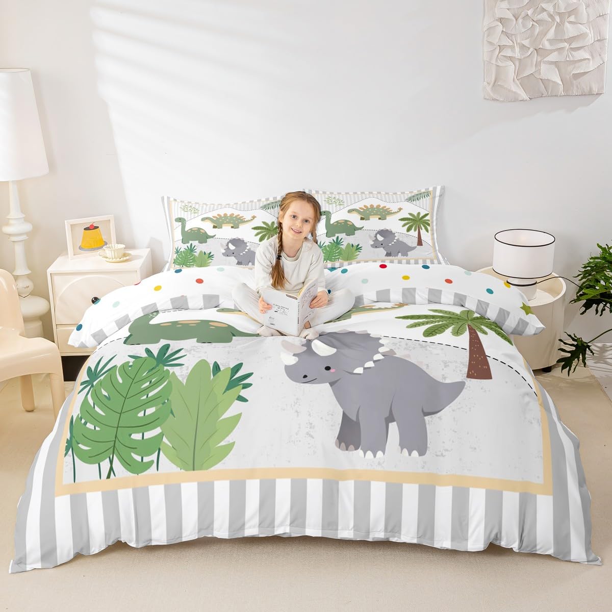 Housse de couette dinosaure mignon parure de lit grise pour chambre chaleureuse