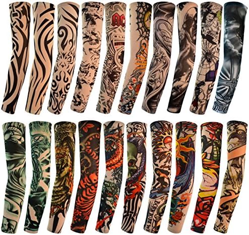 HOVEOX 20pcs Temporary Tattoo Arm Sleeves Arts Fake Slip on Arm Sunscreen Sleeves Body Art Stockings Protector -Designs Tribal, Tiger, Dragon, Skull, and Etc Unisex Stretchable Cosplay Accessories