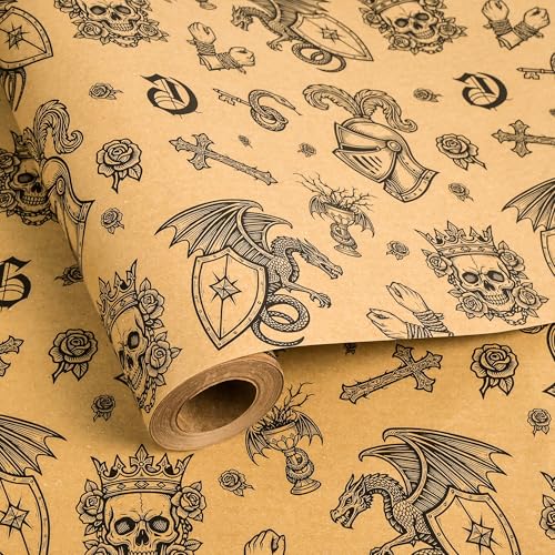 Vnaaem Kraft Dragon Wrapping Paper Roll for Teens Adults Gamers - Vintge Medieval Fantasy Themed Dragon Knight Gothic Design Gift Wrap for Holiday Party Supplies(Total 28.5sq.ft)