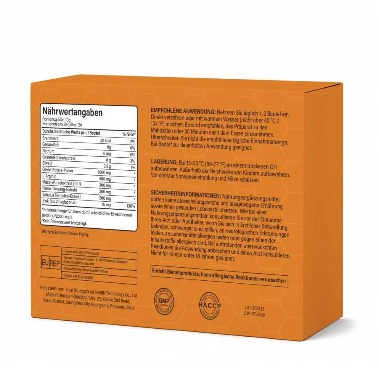 Premium Männer Honig Nahrungsergänzungsmittel, Natürliche Inhaltsstoffe mit Gelee Royale, Maca, L-Arginin, Ginseng & Zink, 24 Sachets à 10 g