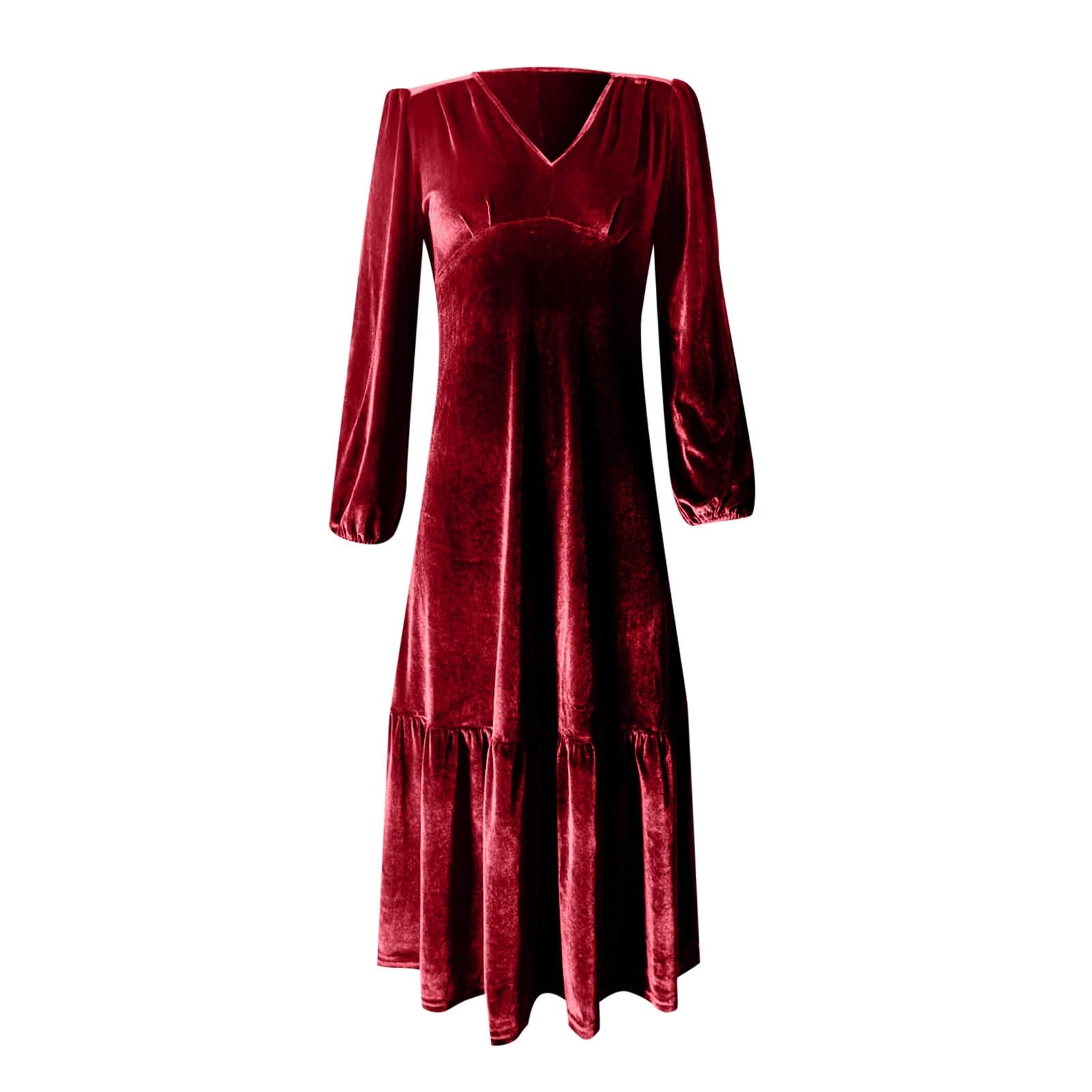 Vestido largo de mujer con cuello en V cinturón cintura mangas abullonadas terciopelo volantes
