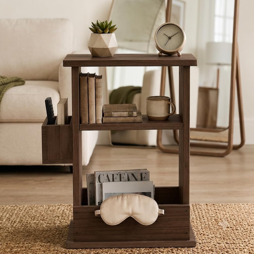 Slim Wooden End Table with Side Storage Box and Shelves | Slim Wooden Side Table with Storage & Remote Caddy-image-43