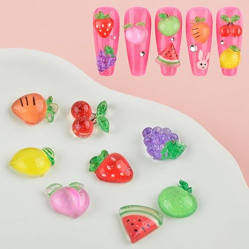 Miniatura 2 de 100 dijes de uñas 3D de resina de fruta, kawaii, cereza, fresa, limón, sandía, manzana, uva, melocotón, lindo diseño con parte trasera plana, dijes