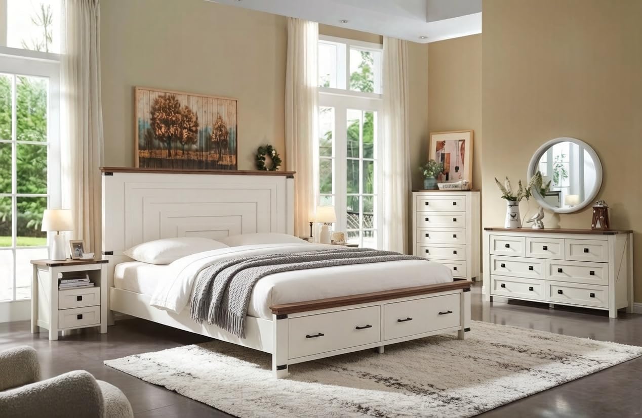 T4TREAM Farmhouse Queen Size Bed Frame with 54" Tall Geometric Headboard & 2 Large Storage Drawers, Rustic Wood Platform Bed with Wood Slats Support, No Box Spring Needed, Antique White