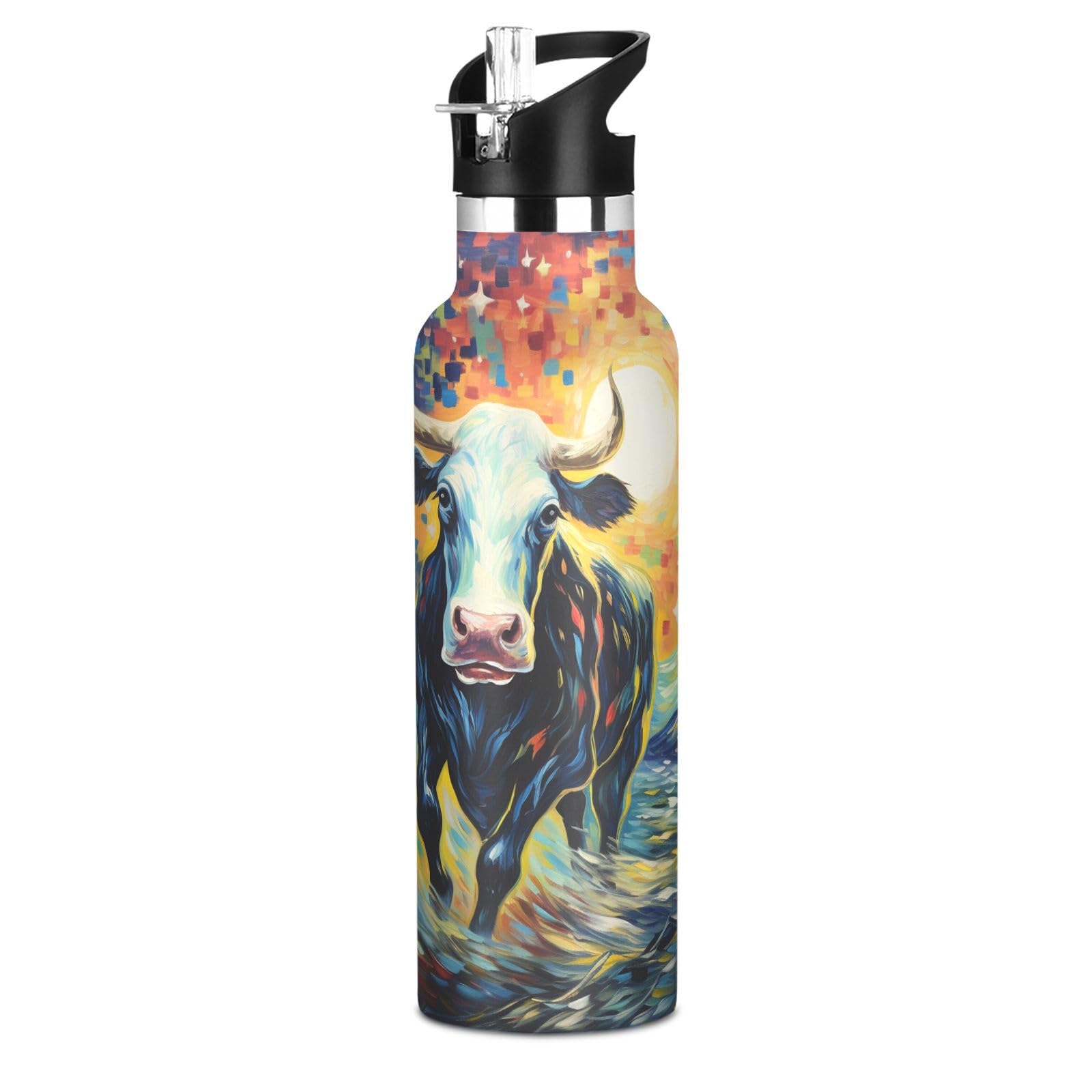 Kaaviyo Boys Pattern Majestic Cow Starry Night Water Bottle Stainless Steel Jug Insulated Vacuum Cup For Girls(600Ml)