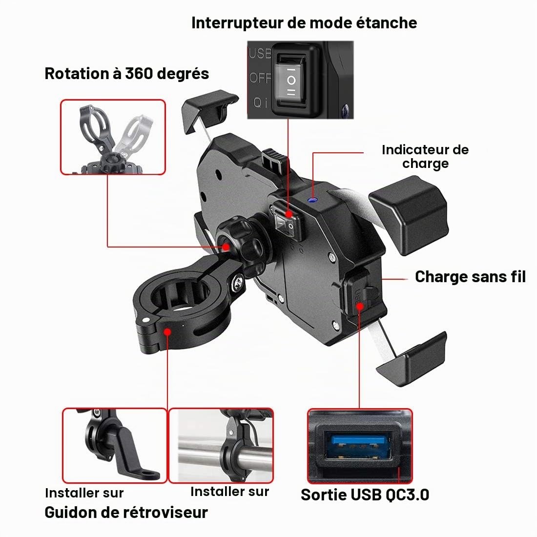 iMESTOU Chargeur de Montage de Téléphone sans Fil de Moto Qi 15w & USB 3.0 Charge Rapide Guidon/Arrière-Miroir Montage pour Smartphones de 3,5"-6,8"(épaisseur max12mm), Travailler pour 12V/24V Motos