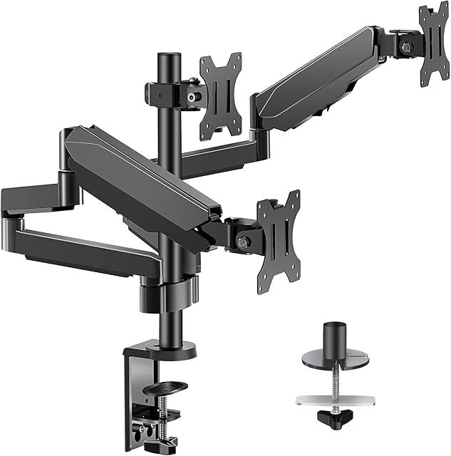ELIVED Triple Monitor Arm Desk Mount Adjustable Gas Powered PC Monitor Stand for Most 13-27 Inch Monitors with VESA 75x75/100x100, with C-Clamp and Grommet Base, Monitor Arms for 3 Monitors EV006