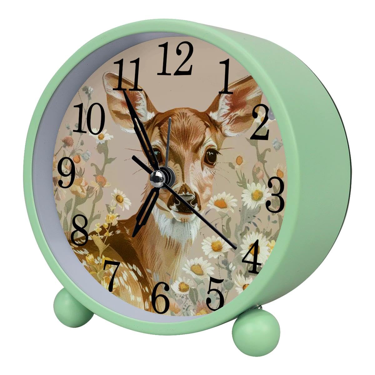 Luoweisi Alarm Clock Deer Daisies, Silent Non-Ticking with Night Light, Round Metal Alarm Clock for Office, Battery Operated, Bedroom, Elderly, Adults, Children, Student Gifts