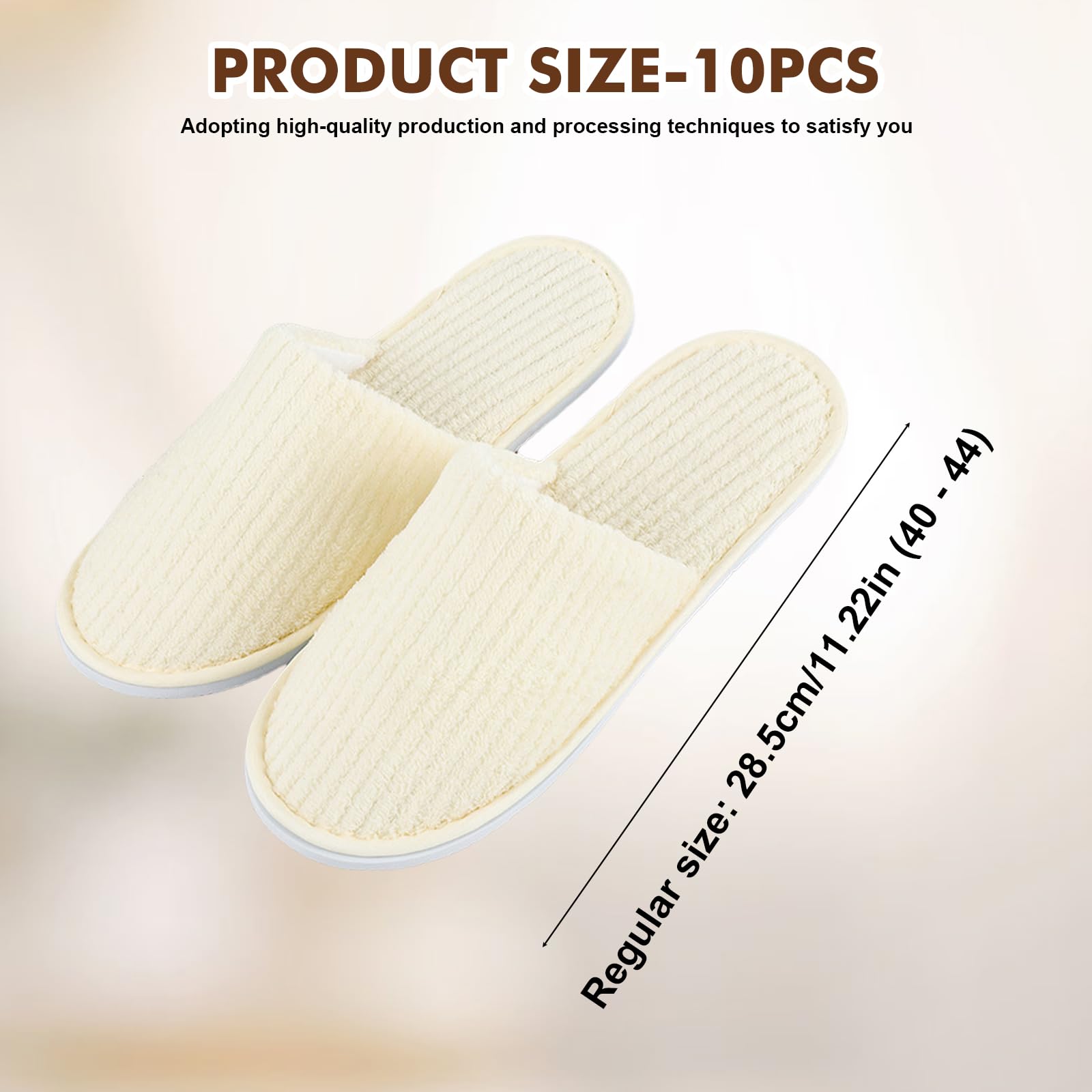 Lot de 10 paires de pantoufles de spa, antidérapantes, jetables, avec orteils fermés, en tissu éponge pour la maison, la chambre à coucher, la salle de bain, l'intérieur - Unisexe - Beige