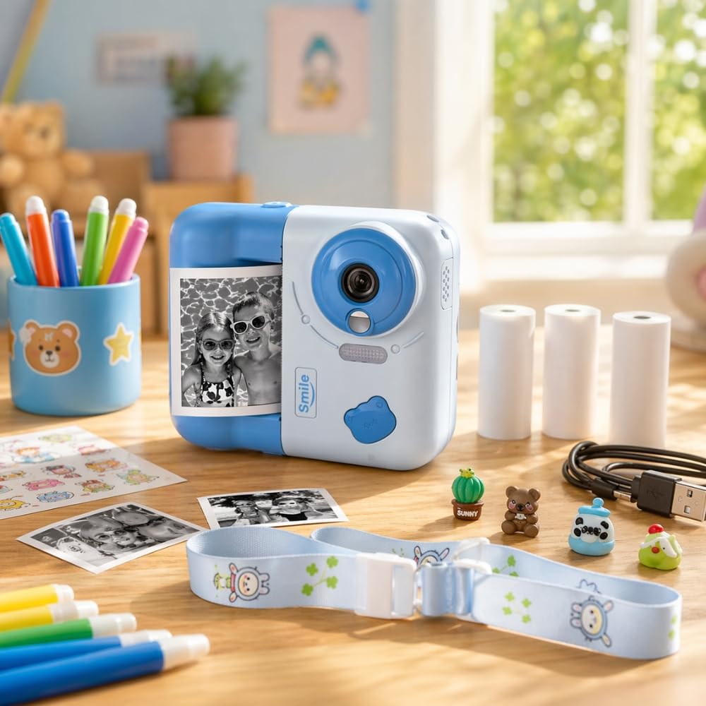 Cámara infantil de impresión instantánea, 48 MP, vídeo de 1080p, pantalla de 2,4 pulgadas, azul, con juegos y reproductor de audio, 3 rodillos incluidos